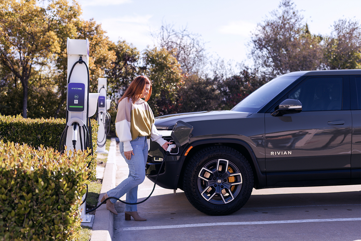 Rivian R1T charging at an Enel X Way JuicePedestal charging station